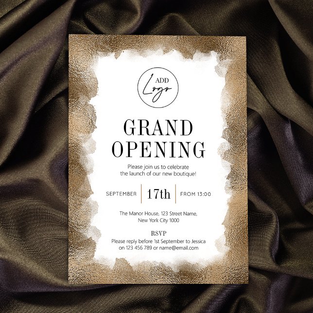 Convite Logotipo moderno Glitter Dourado de grande abertur (Professional business grand opening invitations with gold glitter and fully editable text & logo)