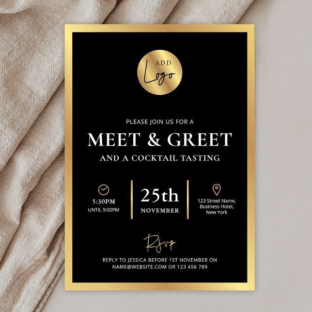 Convite Logotipo preto e Dourado Encontro comercial e even (Black and gold business meet & greet event invitation with fully editable text & space for your logo)