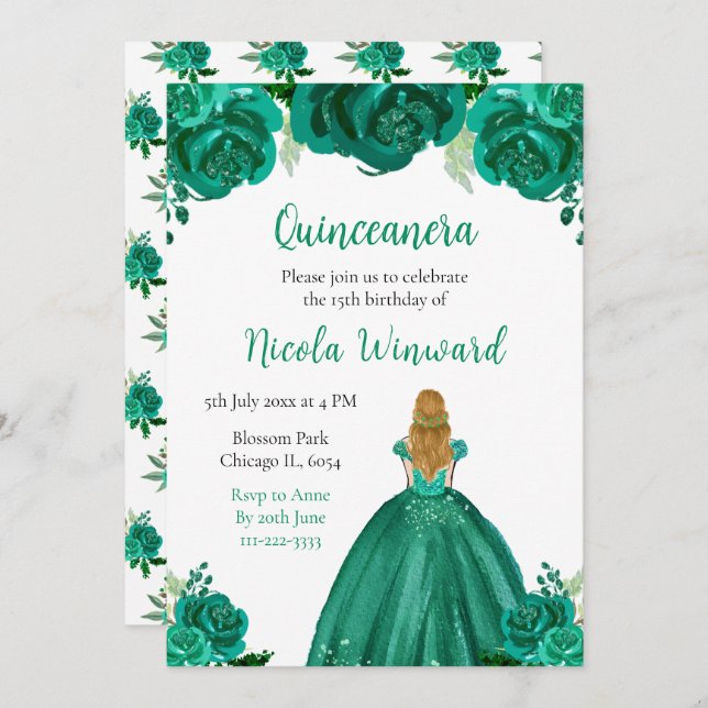 Convite Loira Princesa Verde Quinceanera Floral (Frente/Verso)