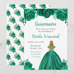 Convite Loira Princesa Verde Quinceanera Floral