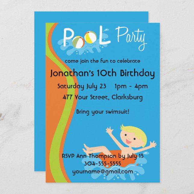 Convite Loiro do Piscina Party (Frente/Verso)