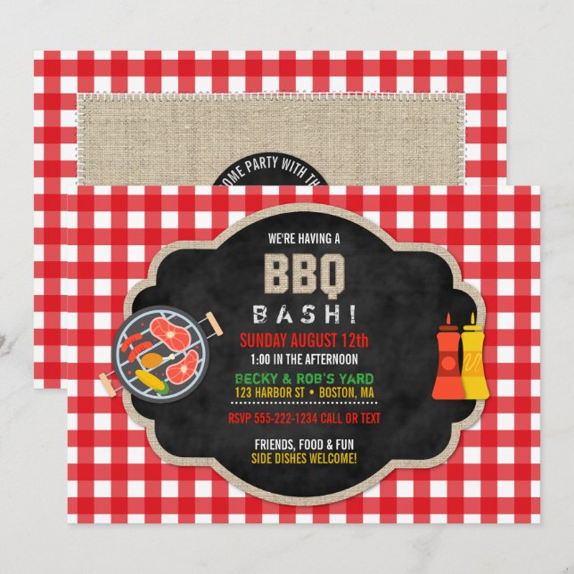 Convite Loja de Churrasco Quadro Negro Xadrez Vermelho de  (Frente/Verso)