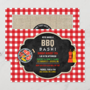Convite Loja de Churrasco Quadro Negro Xadrez Vermelho de 