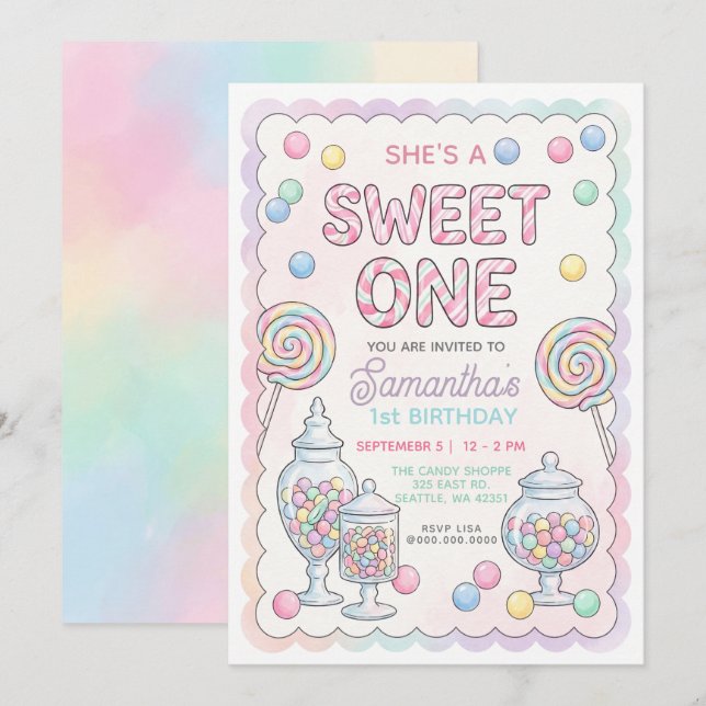 Convite Loja de Doces Aniversário Doce Um Cores Pastel (Frente/Verso)