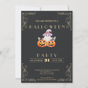 Convite Loja de Giz Preto & Fantasma de Halloween Dourado