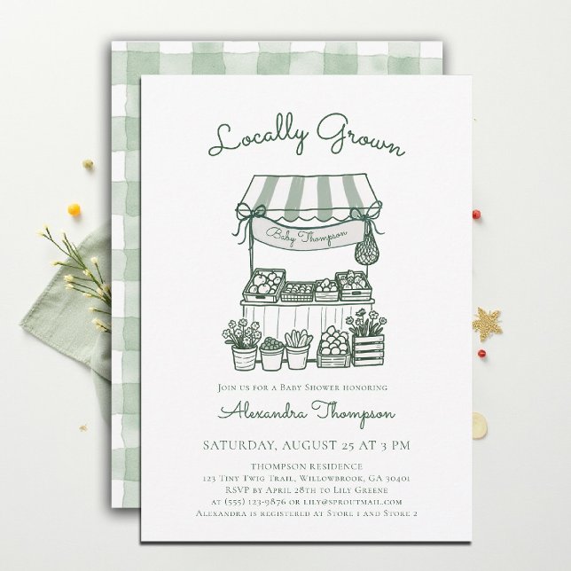 Convite Loja de Mercado Local de Bebê Verde (locally grown baby shower invitation sprout produce watercolor farmers market stand gingham sage)