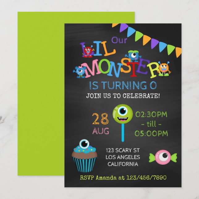 Convite Loja Little Monster de qualquer idade Chalkboard (Frente/Verso)