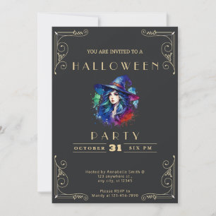 Convite Loja Preta e Dourada Bruxa Arco-íris Halloween Em