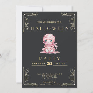 Convite Loja Quadro Preto e Dourado Múmia Rosa Halloween