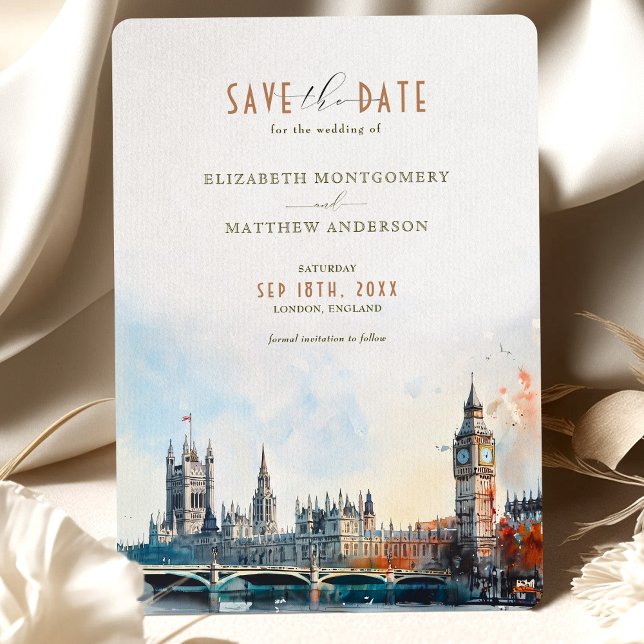 Convite London England Watercolor Salve a Data Wedding (Criador carregado)