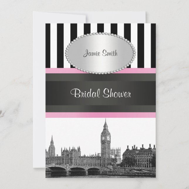 Convite London Skyline BW Blk Whp Strp Pink Bridal Shwr (Frente)