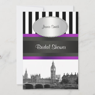 Convite London Skyline BW Blk Whp Strp Purple Bridal Shwr