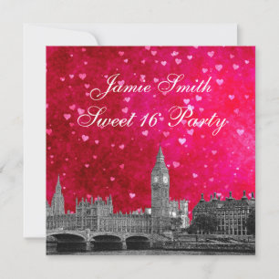 Convite Londres Reino Unido Skyline Hot Pink Red Heart Swe