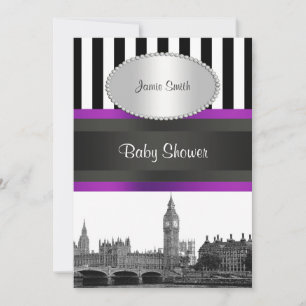 Convite Londres Skyline BW Blk Whp Strp Purple Chá de fral