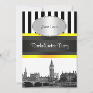 Convite Londres Skyline BW Blk Wht Strp Ylo P Bachelorette
