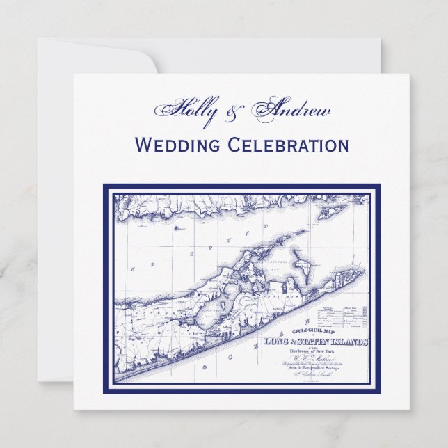 Convite Long Island The Hamptons Map SQ Wedding (Frente)