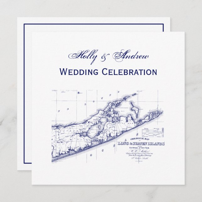 Convite Long Island The Hamptons Map SQ Wedding (Frente/Verso)