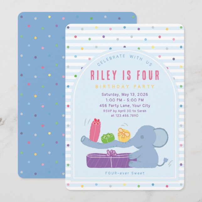 Convite Long-Nosed Elephant & Gifts Birthday Invitation (Frente/Verso)
