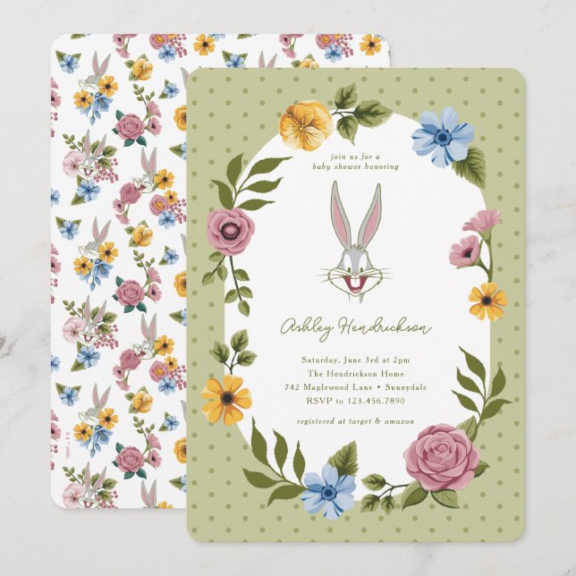 Convite LOONEY TUNES™ | BUGS BUNNY™ Chá de Bebê Floral (Frente/Verso)