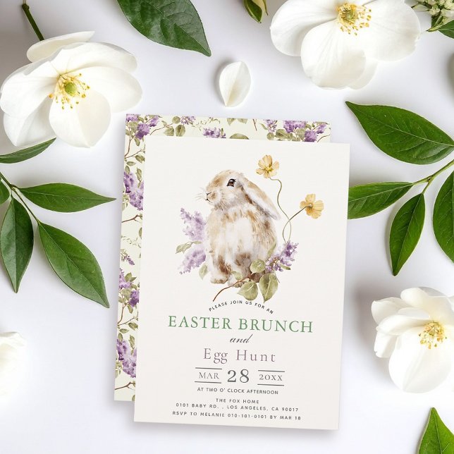 Convite Lop Bunny Lilás Roxo Floral Brunch de Páscoa (Criador carregado)