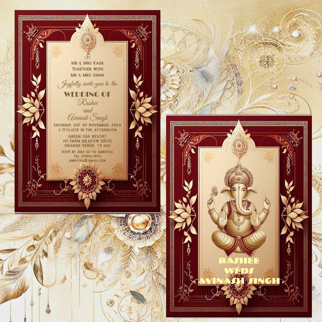 Convite Lorde Ganesha Floral Maroon Grande Indiano (Auspicious Lord Ganesha Floral Maroon Grand Indian Invitation)