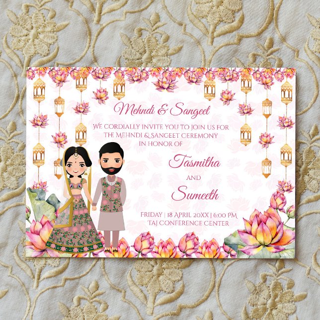 Convite Lotus lanterns Mhndi sangeet (Lotus lanterns Indian wedding mehndi sangeet Invitation editable template instant digital download)