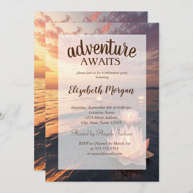 Convite Lotus Ocean Sunset Retirement Party (Frente/Verso)