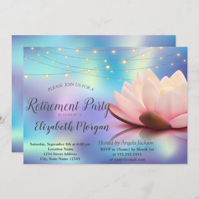 Convite Lotus String Lights Holographic Retirement Party (Frente/Verso)