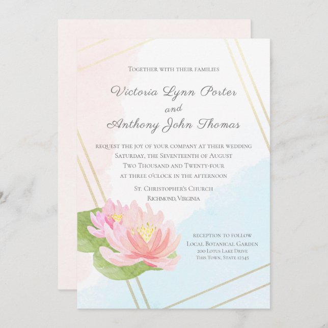 Convite Lotus Watercolor Lake Wedding (Frente/Verso)