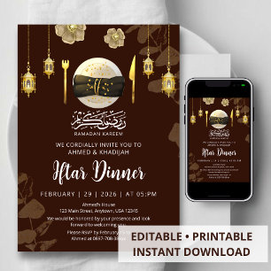 Convite Louça de Mesa Floral Dourada Jantar Iftar do Ramad
