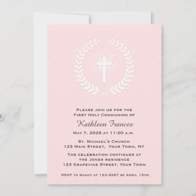 Convite Louro, cruz, rosa, primeiro comunhão (Frente)