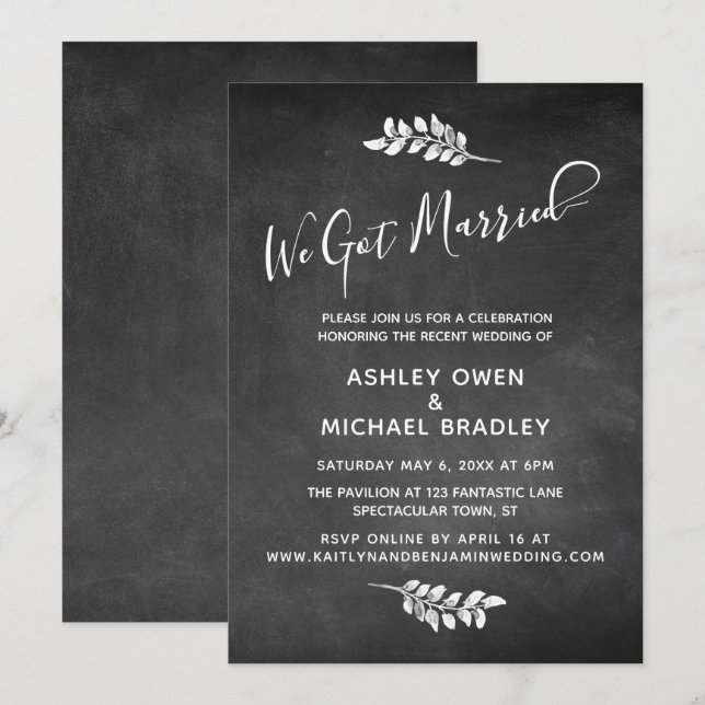 Convite Lousa & Botânica Recepção de Casamento We Got Marr (Frente/Verso)