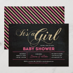 Convite Lousa, Dourado   Tipografia Baby Shower Menina