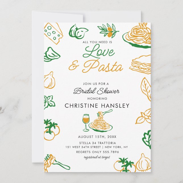 Convite Love and Pasta Hand Drawn Bridal shower (Frente)