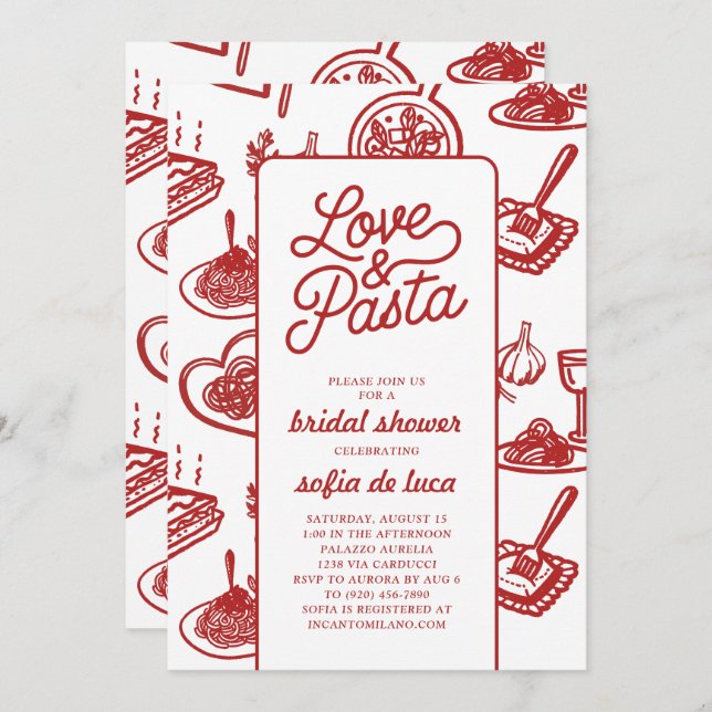 Convite Love and Pasta Italian Bridal Shower (Frente/Verso)