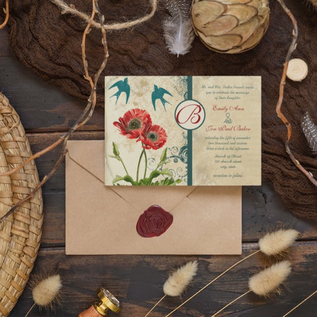 Convite Love Bird Red Teal Lace Damask Poppy Casamento (Criador carregado)