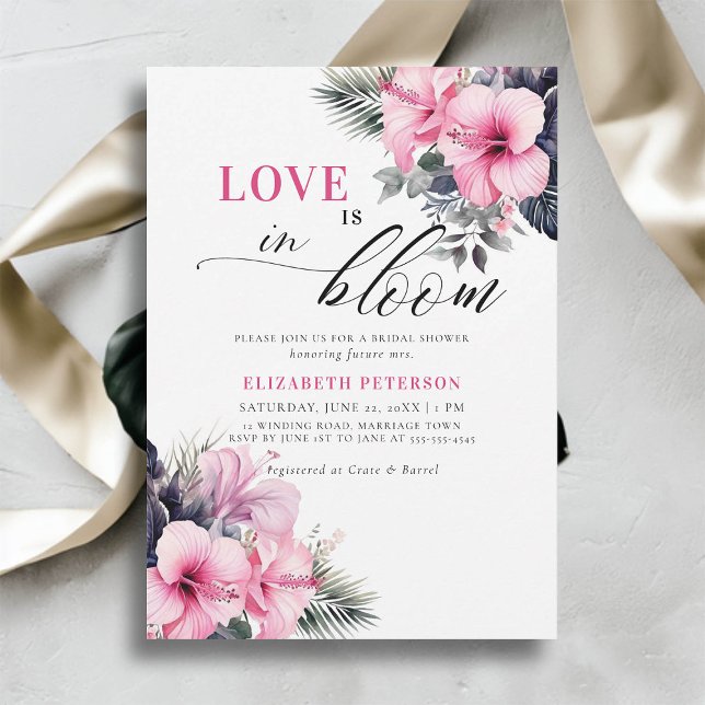 Convite Love Bloom Hibiscus Tropical Pink Chá de panela (love is in bloom bridal shower invitation tropical pink hibiscus flowers floral frame elegant chic)