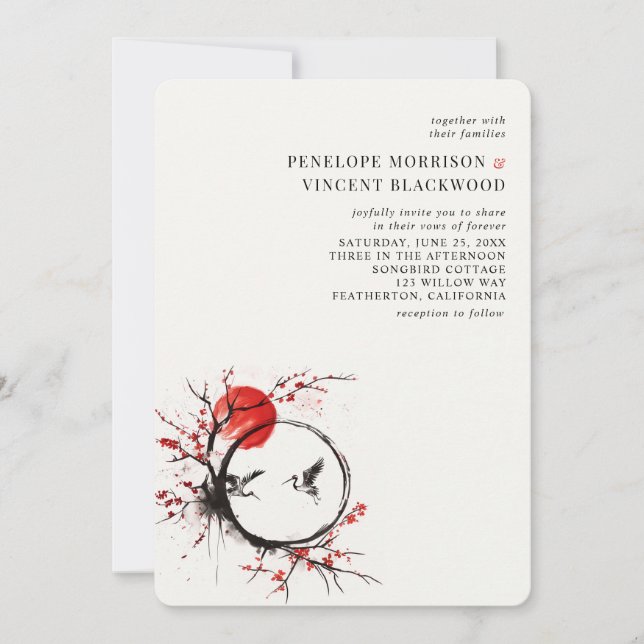 Convite Love Cranes and Cherry Blossom Wedding Invitation (Frente)