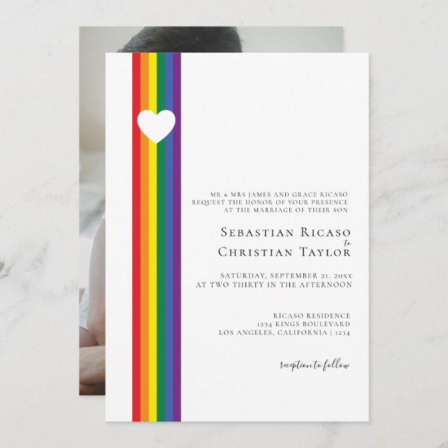 Convite Love Heart and Rainbow Gay Wedding (Frente/Verso)