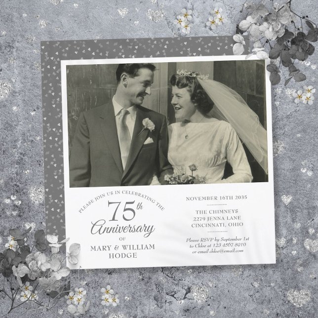 Convite Love Heart Confetti Wedding Foto 75 Aniversário (Love Heart Confetti Wedding Photo 75th Anniversary Invitation)