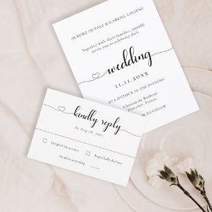 Convite Love Heart Modern Black and White Weding RSVP