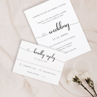 Convite Love Heart Modern Black and White Weding RSVP