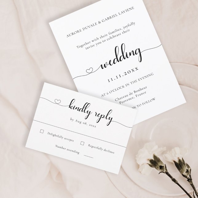 Convite Love Heart Modern Black and White Weding RSVP (Criador carregado)