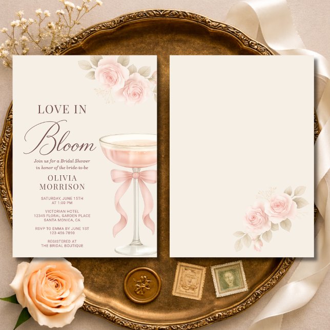 Convite Love in Bloom Pink Champagne Bow Bridal Shower (Criador carregado)