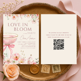 Convite Love in Bloom QR Code Champagne Bow Bridal Shower