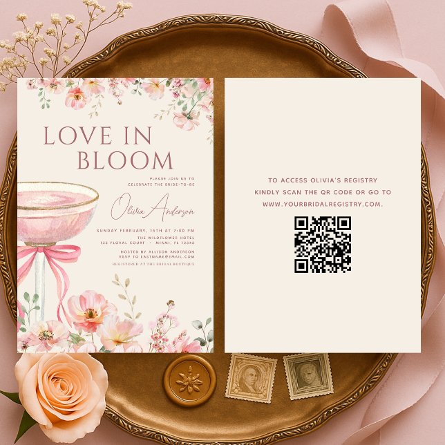 Convite Love in Bloom QR Code Champagne Bow Bridal Shower (Criador carregado)
