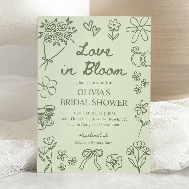 Convite Love in Bloom Sage Green Hand Drawn Bridal Shower (Criador carregado)