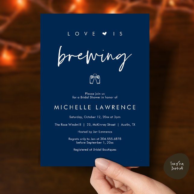 Convite Love is brewing, Beer Party,  Bridal Shower (Love is brewing, Beer Party, Bridal Shower Invites card, booze love laughter, in navy blue)