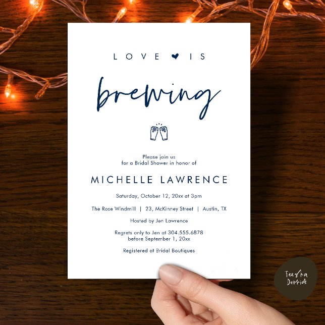 Convite Love is brewing, Beer Party,  Bridal Shower (Love is brewing, Beer Party, Bridal Shower Invites card, booze love laughter, in navy blue)
