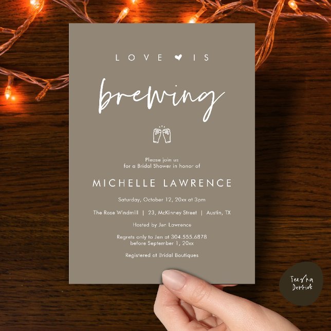 Convite Love is brewing, Beer Party,  Bridal Shower (Love is brewing, Beer Party, Bridal Shower Invites card, booze love laughter, in warm taupe brown)